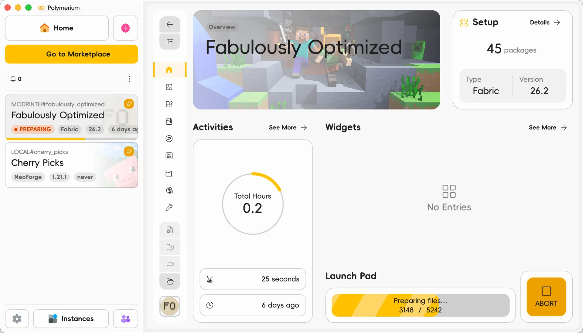 Screenshot of the instance overview with the launch pad