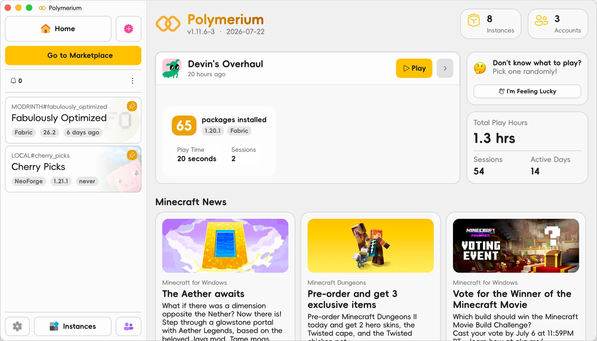 Screenshot of the Polymerium home screen