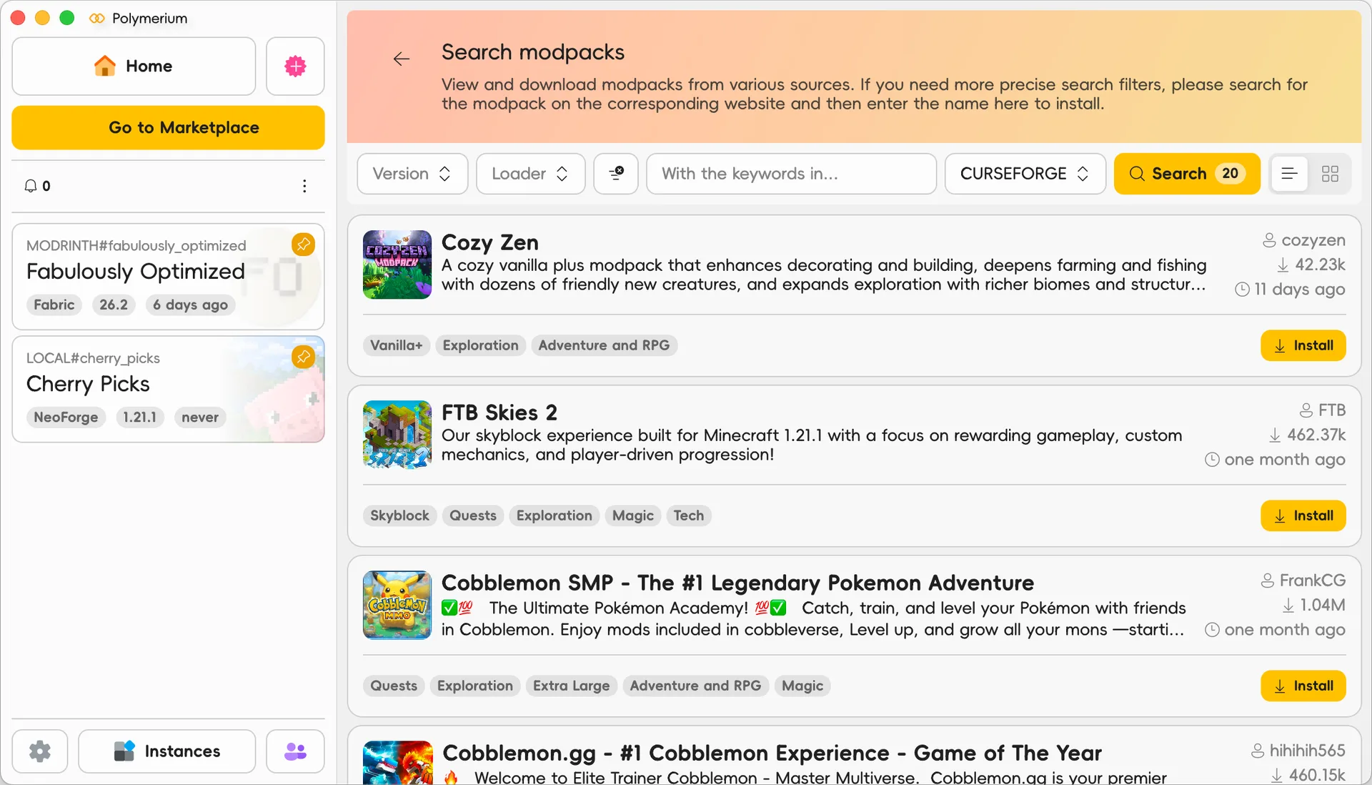 Screenshot of the Polymerium modpack marketplace